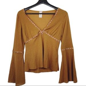 Vintage mustard yellow bell sleeve fairycore top with floral trim